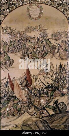 CONQUISTA DE MEXICO - GARCIA HOLGUIN PRENDE ein CUAUHTEMOC - ENCONCHADO - 1698. Autor: GONZALEZ MIGUEL/GONZALEZ JUAN. Lage: das Museo DE AMERICA - coleccion. MADRID. Spanien. Stockfoto