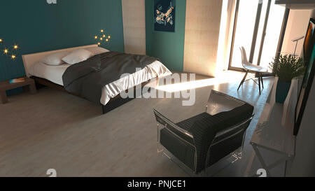 Schlafzimmer im modernen Stil mit Schränken und Möbeln. Wohnung, architektonisches Projekt. 3D-Rendering Stockfoto