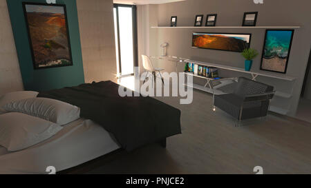 Schlafzimmer im modernen Stil mit Schränken und Möbeln. Wohnung, architektonisches Projekt. 3D-Rendering Stockfoto