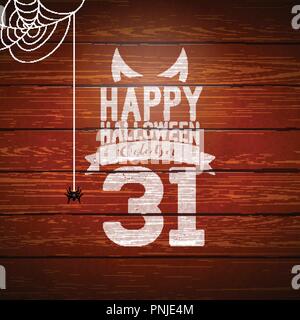 Happy Halloween banner Abbildung mit fliegenden Fledermäuse, Friedhof und Spinne auf vintage Holz Hintergrund. Vektor Urlaub Design Template mit der Typographie Beschriftung für Grußkarten, Flyer, Plakat oder Feier Party Einladung. Stock Vektor