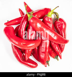 Blick von oben auf die Haufen von frischen heißen roten Chilischoten auf weißem Hintergrund Stockfoto