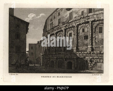 Blick auf das Theater von Marcellus, Teatro di Marcello, Rom. Kupferstich von A. Parboni nach einer Illustration von sylvestro Bossi von Achille Parboni's Neue Sammlung der wichtigsten Views Antike und Moderne der Stadt Rom, 1830. Stockfoto