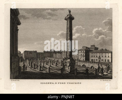 Blick auf die Trajan Spalte und das Forum Romanum, Colonna e Foro Trajano. Kupferstich von A. Parboni nach einer Illustration von sylvestro Bossi von Achille Parboni's Neue Sammlung der wichtigsten Views Antike und Moderne der Stadt Rom, 1830. Stockfoto