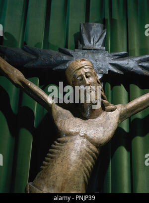 Christus am Kreuz. Detail. XIII-XIV des Jahrhundertes. Mares Museum. Barcelona. Katalonien. Spanien. Stockfoto