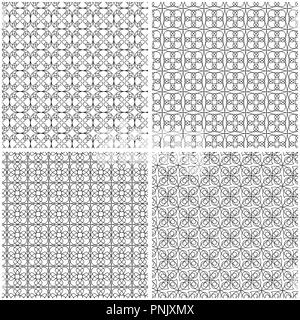 Vier abstrakte nahtlose Gitter mit Interlacing schwarze Linien auf weißem Hintergrund, Vektor hand Zeichnung Stock Vektor