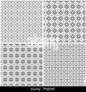Satz von vier abstrakte Mesh nahtlose Muster mit dem Lockigen schwarzen Linien auf dem weißen Hintergrund, Vektor hand Zeichnung Stock Vektor