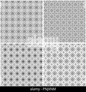 Vier nahtlose mesh Muster in einer Datei mit verschiedenen Kombinationen von interlacing Linien gesammelt, schwarze und weiße Vektor hand Zeichnung Abbildung Stock Vektor