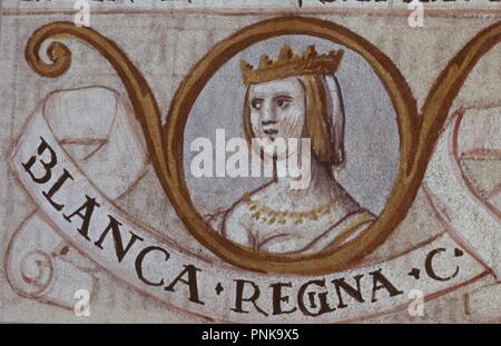 GENEALOGIA DE LOS REYES DE ESPAÑA - REINA BLANCA DE CASTILLA - (KONJ) 99483 - MINIATURA DEL S XVI. Thema: CARTAGENA ALONSO DE. Lage: Biblioteca Nacional - coleccion. MADRID. Spanien. Stockfoto