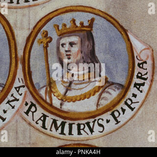 GENEALOGIA DE LOS REYES DE ESPAÑA - RAMIRO ICH REY DE ARAGON - MINIATURA DEL S XVI-(KONJ 99483). Thema: CARTAGENA ALONSO DE. Lage: Biblioteca Nacional - coleccion. MADRID. Spanien. Stockfoto