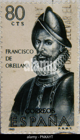 Briefmarke mit dem Porträt von Francisco de Orellana (? - 1545), spanischer Entdecker.. 1966. Stockfoto