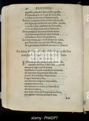 VIDA DE GARCILASO DE LA VEGA. ELOGIOS. Autor: HERRERA, Fernando. Lage: Biblioteca Nacional - coleccion. MADRID. Spanien. Stockfoto