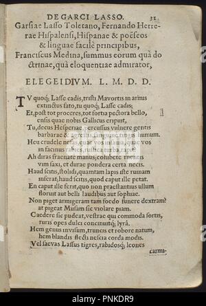 VIDA DE GARCILASO DE LA VEGA. ELOGIOS.-PG 31 -. Autor: HERRERA, Fernando. Lage: Biblioteca Nacional - coleccion. MADRID. Spanien. Stockfoto