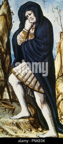 REY DON RODRIGO - ULTIMO REY VISIGODO - MINIATURA PERTENECIENTE A LA GENEALOGIA DE LOS REYES DE ESPAÑA - SIGLO XVI-COPIADO POR DIONISIO. Thema: CARTAGENA ALONSO DE. Lage: Biblioteca Nacional - coleccion. MADRID. Spanien. Stockfoto