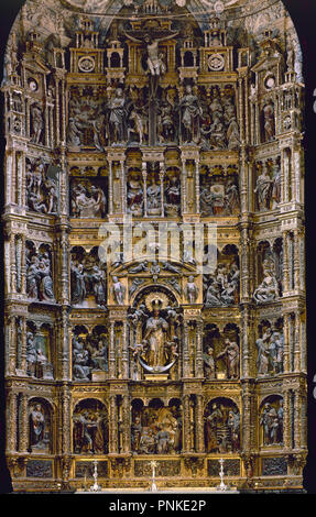 RETABLO MAYOR - ESTILO PLATERESCO - RENACIMIENTO ESPAÑOL - ESCUELA SEVILLANA - SIGLO XVI. Autor: BALDUQUE ROQUE. Lage: IGLESIA DE SANTA MARIA LA CORONADA. MEDINA SIDONIA. Cadiz. Spanien. Stockfoto