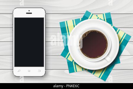 White Smartphone mit schwarzen leerer Bildschirm und Tasse Kaffee mit karierten Servietten auf weiße Holztisch Vector Illustration Stock Vektor
