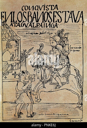 Peruanische Codex. "Nueva Cronica y Buen Regierung'. Eroberung von Chancay Baños. Madrid, National Library. Thema: FELIPE HUAMAN POMA DE AYALA. Lage: Biblioteca Nacional - coleccion. MADRID. Spanien. Stockfoto