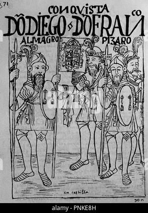 Peruanische Codex. "Nueva Cronica y Buen Regierung'. Die Eroberung Perus von Diego Almagro und Francisco Pizarro. Madrid, National Library. Thema: FELIPE HUAMAN POMA DE AYALA. Lage: Biblioteca Nacional - coleccion. MADRID. Spanien. Stockfoto