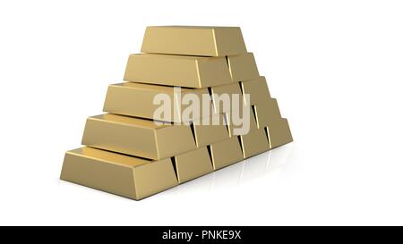 Gold Bars Pyramide 3D-Rendering auf weißem Hintergrund Stockfoto