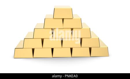 Gold Bars Pyramide 3D-Rendering auf weißem Hintergrund Stockfoto