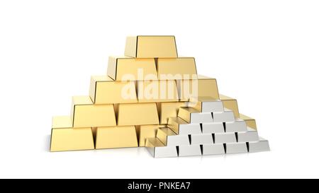 Gold- und Silberbarren Pyramide 3D-Rendering auf weißem Hintergrund Stockfoto