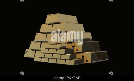 Gold Bars Pyramide 3D Rendering isoliert auf einem schwarzen Hintergrund Stockfoto