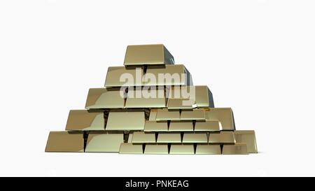 Gold Bars Pyramide 3D-Rendering auf weißem Hintergrund Stockfoto