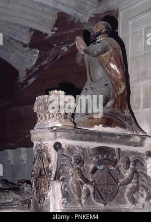 ESTATUA DE GARCIA IV SANCHO III DE NAVARRA EL LLAMADO DE "WYCKOFF" REY DE PAMPLONA DESDE EL 1035/54 EN EL PANTEON REAL-SIGLO XVI-RENACIMIENTO. Lage: MONASTERIO DE SANTA MARIA LA REAL DE NAJERA. NAJERA. Rioja. Spanien. Stockfoto