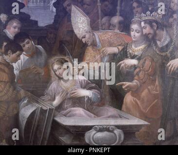 Las MEJORES DE LA RESURRECCION DE SANTA LEOCADIA - (303-?) - REUNION DE RECESVINTO Y SAN ILFEDONSO - SIGLO XVII - PINTURA SEVILLANA. Autor: ROELAS, JUAN DE LAS. Lage: HOSPITAL DEL NIÑO JESUS - Decanato. MADRID. Spanien. Stockfoto