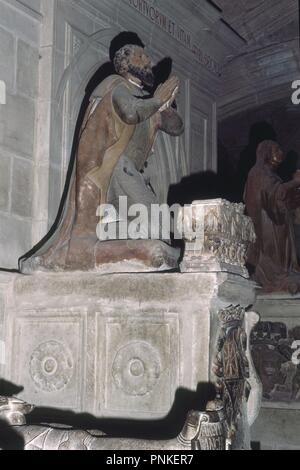 ESTATUA DE GARCIA IV SANCHO III DE NAVARRA EL LLAMADO DE "WYCKOFF" REY DE PAMPLONA DESDE EL 1035/54 EN EL PANTEON REAL-SIGLO XVI-RENACIMIENTO. Lage: MONASTERIO DE SANTA MARIA LA REAL DE NAJERA. NAJERA. Rioja. Spanien. Stockfoto