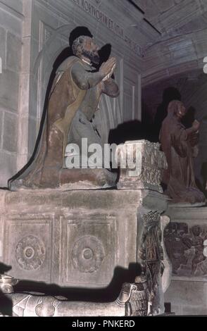 ESTATUA DE GARCIA IV SANCHO III DE NAVARRA EL LLAMADO DE "WYCKOFF" REY DE PAMPLONA DESDE EL 1035/54 EN EL PANTEON REAL-SIGLO XVI-RENACIMIENTO. Lage: MONASTERIO DE SANTA MARIA LA REAL DE NAJERA. NAJERA. Rioja. Spanien. Stockfoto