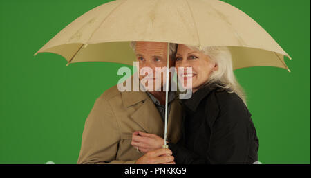 Reifen weiß Paar teilen Regenschirm im regnerischen Wetter auf Green Screen Stockfoto