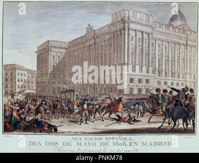 2. Mai 1808. Die französische Verursacht der Zorn. 19. jahrhundert Gravur. Madrid, Royal Palace Bibliothek. Autor: LOPEZ ENGUIDANOS TOMAS. Lage: PALACIO REAL - BIBLIOTECA. Spanien. Stockfoto