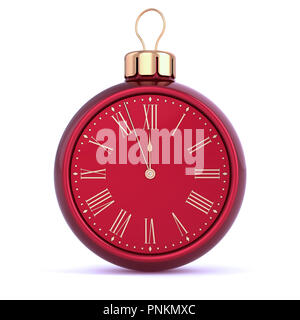 Christmas Ball Clock Face 24.00 Uhr letzte Stunde. Silvester Zeit Christbaumkugel Dekoration rot. Zukunft countdown Ornament. Traditionelle Winter Urlaub. Stockfoto