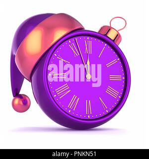 Christmas Ball Zifferblatt lila Silvester Zeit, letzte Stunde 24.00 Uhr Countdown, Santa Hut Dekoration Schmuck Verzierung. Traditionelle Winter ho Stockfoto