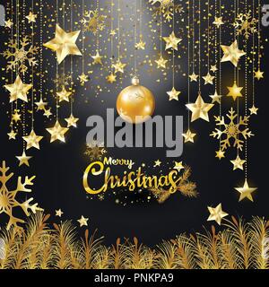 Gold Glitzer Frohe Weihnachten und guten Rutsch ins Neue Jahr Typografie, luxuriöse Eleganz Design für Weihnachten Banner, Einladung, Sterne Schneeflocken hängen mit diam Stock Vektor