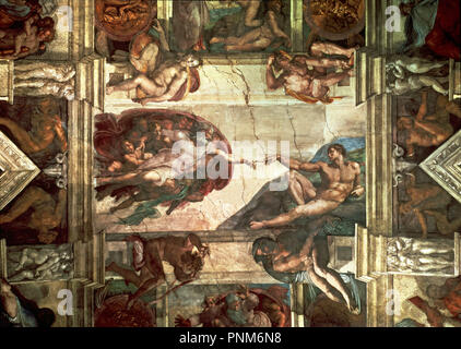Fresken DEL TECHO-LA CREACION DE ADAN - ANTES DE LA RESTAURACION - 1508-1512 - RENACIMIENTO ITALIANO. Autor: Michelangelo. Lage: MUSEOS VATICANOS - CAPILLA SIXTINA. VATICANO. Stockfoto