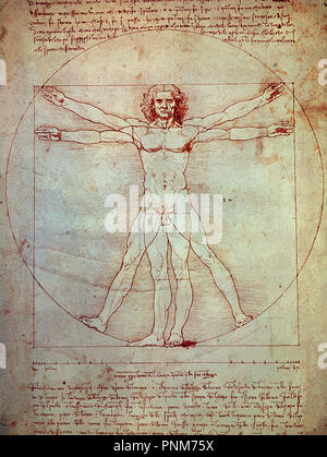 Menschliche Proportionen, der Vitruvianische Mensch. c 1490. Bleistift, Tusche und Farbstift auf Papier (34,3 x 25,5 cm). Venedig, Galleria dell'Accademia. Autor: LEONARDO DA VINCI. Ort: ACADEMIA DE BELLAS ARTES. Venedig. ITALIA. Stockfoto