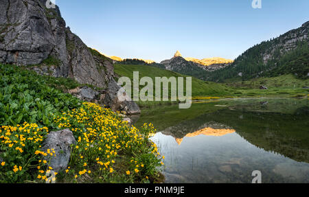 Funtensee Schottmalhorn in See bei Sonnenuntergang, Steinernes Meer, Nationalpark Berchtesgaden, Bayern, Deutschland Stockfoto