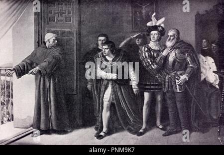 EL CARDENAL CISNEROS Y LOS NOBLES CASTELLANOS - SIGLO XIX. Autor: MANZANO VICTOR. Stockfoto