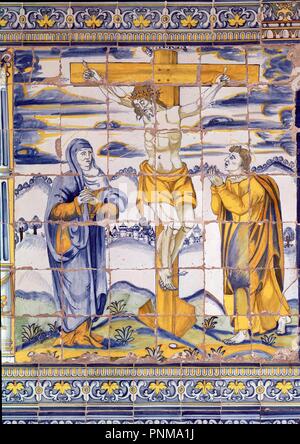 AZULEJO DE LA CRUCIFIXION - SIGLO XVI. Lage: BASILICA DE NUESTRA SEÑORA DEL PRADO. Toledo. Spanien. Stockfoto