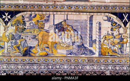 NACIMIENTO - AZULEJO DE LA BASILICA DE LA VIRGEN DEL PRADO - SIGLO XVII. Lage: BASILICA DE NUESTRA SEÑORA DEL PRADO. Toledo. Spanien. Stockfoto