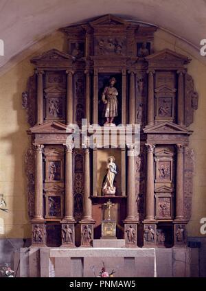 RETABLO MAYOR - SIGLO XVI. Autor: MITATA LUCAS SIGLO XVI. Lage: Iglesia de San Julian EL HOSPITALARIO. DESCARGAMARIA. CACERES. Spanien. Stockfoto