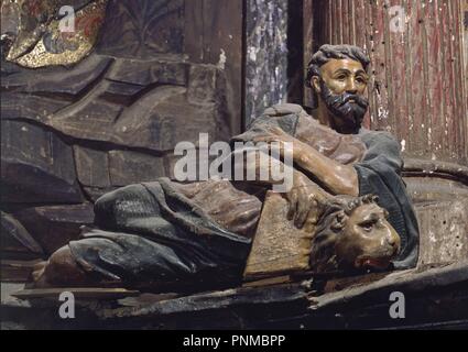 Las MEJORES DE SAN MARCOS DEL RETABLO DE SANTIAGO - RETABLO MAYOR REALIZADO EN MADERA DE NOGAL - SIGLO XVI-RENACIMIENTO ESPAÑOL. Autor: BERRUGUETE, Alonso. Lage: Iglesia de Santiago. CACERES. Spanien. Stockfoto