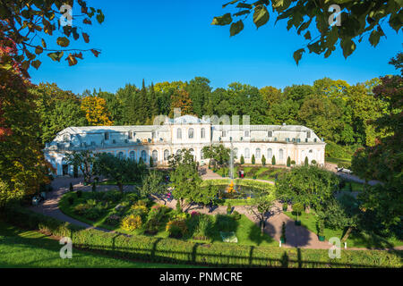 Peterhof, Russland - 28. September 2017: eine schöne Aussicht auf das große Gewächshaus im Herbst sonniger Tag am 28. September 2017 in Peterhof, Russland. Stockfoto