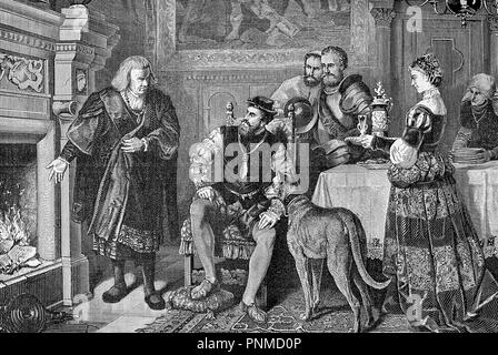 XVI Jahrhundert, Heiligen Kaiser Karl V. und König von Spanien in Augsburg zu Hause von Anton Fugger, mächtigen deutschen Kaufmann, Vintage Print Stockfoto