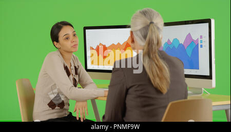 Zwei office-Experten sprechen über Statistiken Ihres Unternehmens auf Green Screen Stockfoto