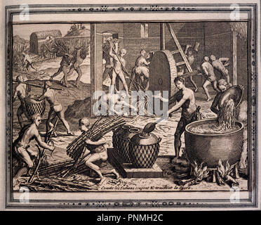 GRANDES VIAJES 1590 - INDIOS DEL PERU HABEN WIR DIE EL AZUCAR - USOS Y COSTUMBRES - 1592. Autor: BRY THEODORE. Lage: Biblioteca Nacional - coleccion. MADRID. Spanien. Stockfoto