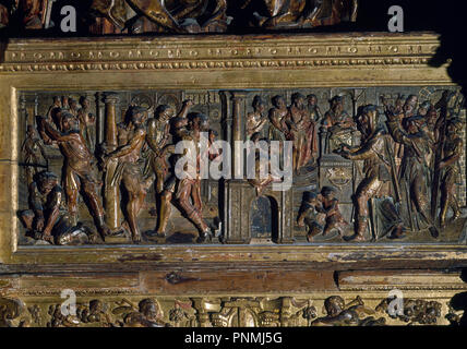 Las MEJORES DE LA FLAGELACION DEL RETABLO MAYOR - ESTILO PLATERESCO - RENACIMIENTO ESPAÑOL - ESCUELA SEVILLANA - SIGLO XVI. Autor: BALDUQUE ROQUE. Lage: IGLESIA DE SANTA MARIA LA CORONADA. MEDINA SIDONIA. Cadiz. Spanien. Stockfoto