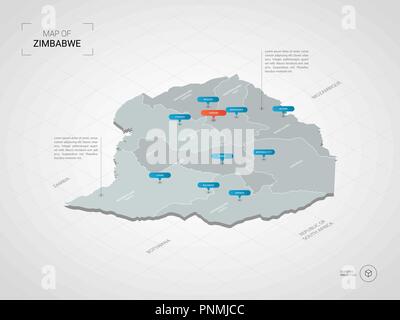 Isometrische 3D-Simbabwe Karte. Stilisierte Vektorkarte Abbildung mit Städten, Ländergrenzen, Kapital, administrative divisions und Zeiger markiert; gradient Hinterg Stock Vektor