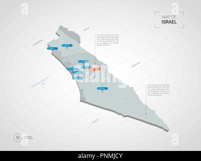 Isometrische 3D-Israel Karte. Stilisierte Vektorkarte Abbildung mit Städten, Ländergrenzen, Kapital, administrative divisions und Zeiger markiert; Gradient backgro Stock Vektor